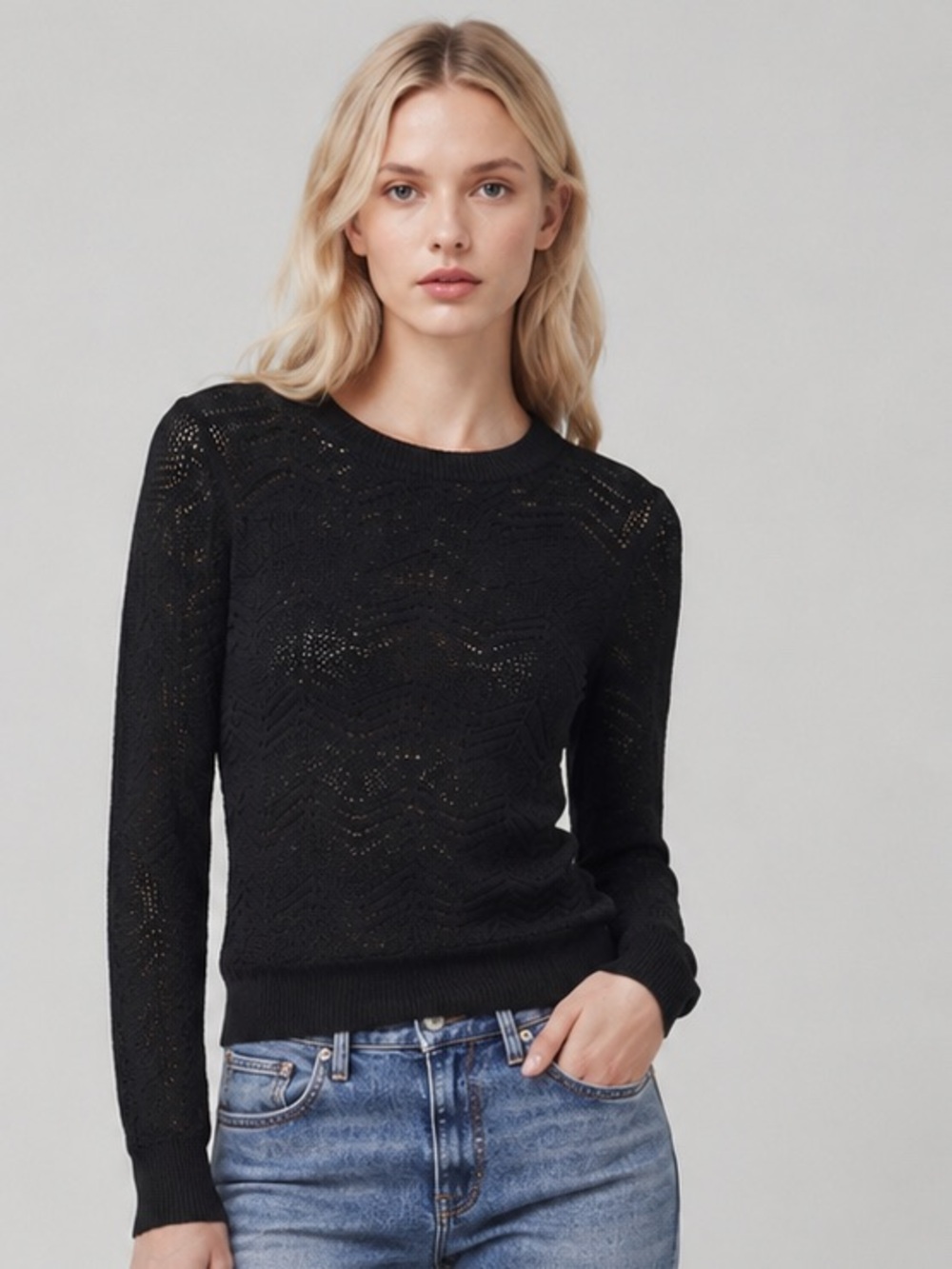 Vince Black Sheer Knit Chevron Long Sleeve Sweater
